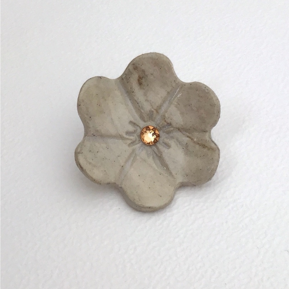 Pottery Stoneware Beige Flower Lapel Pin Rhinestone Center